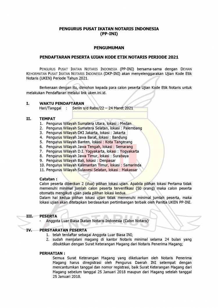 PENGUMUMAN PENDAFTARAN PESERTA UJIAN KODE ETIK NOTARIS PERIODE 2021