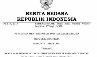 PERATURAN MENTERI HUKUM DAN HAK ASASI MANUSIA REPUBLIK INDONESIA NOMOR 3 TAHUN 2017 TENTANG BIAYA JASA HUKUM NOTARIS UNTUK PENDIRIAN PERSEROAN TERBATAS BAGI USAHA MIKRO, KECIL DAN MENENGAH