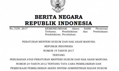 PERATURAN MENTERI HUKUM DAN HAK ASASI MANUSIA REPUBLIK INDONESIA NOMOR 19 TAHUN 2017 TENTANG PERUBAHAN ATAS PERATURAN MENTERI HUKUM DAN HAK ASASI MANUSIA NOMOR 24 TAHUN 2012 TENTANG TATA CARA PEMBLOKIRAN DAN PEMBUKAAN PEMBLOKIRAN AKSES SISTEM ADMINISTRASI BADAN HUKUM PERSEROAN TERBATAS