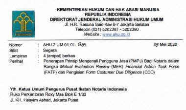 SURAT DIREKTORAT JENDERAL ADMINISTRASI UMUM KEMENTERIAN HUKUM DAN HAK ASASI MANUSIA NOMOR AHU.2.UM.01.01-1854 TANGGAL 29 MEI 2020 