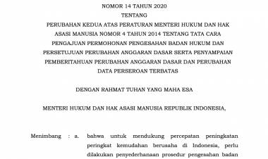 Peraturan Menteri Hukum Dan Hak Asasi Manusia Nomor 14 Tahun 2020 Tentang Perubahan Kedua Atas Peraturan Menteri Hukum Dan Hak Asasi Manusia Nomor 4 Tahun 2014 Tentang Tata Cara Pengajuan Permohonan Pengesahan Badan Hukum Dan Persetujuan Perubahan Anggaran Dasar Serta Penyampaian Pemberitahuan  Perubahan Anggaran Dasar Dan Perubahan Data Perseroan Terbatas