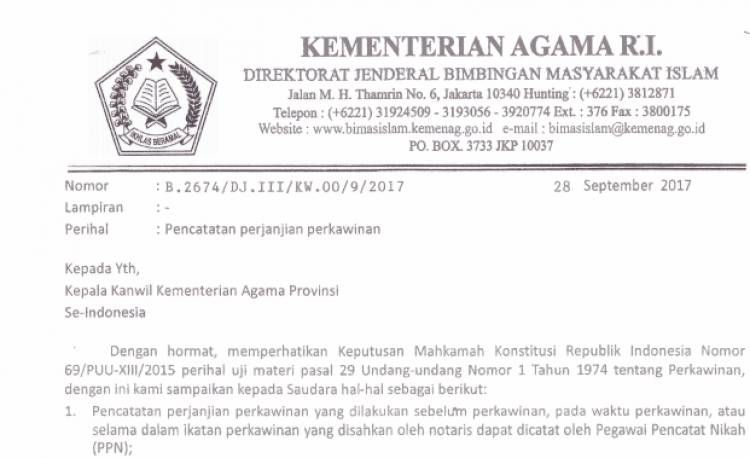 SE MENTERI AGAMA NOMOR B 2674 TAHUN 2017 Tentang Pencatatan Perjanjian ...